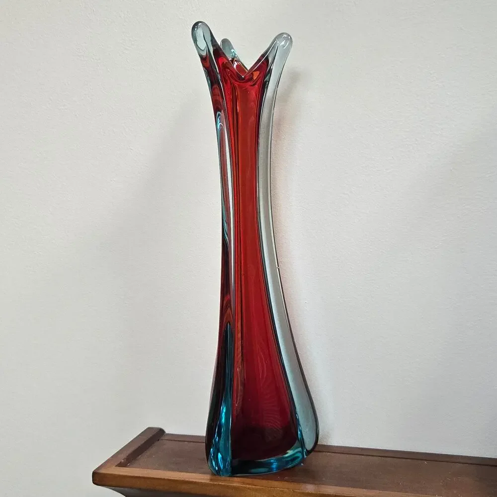 Vtg Murano Sommerso Art Glass Vase 1960-70's Multicolor Crimson Red and Blue 16